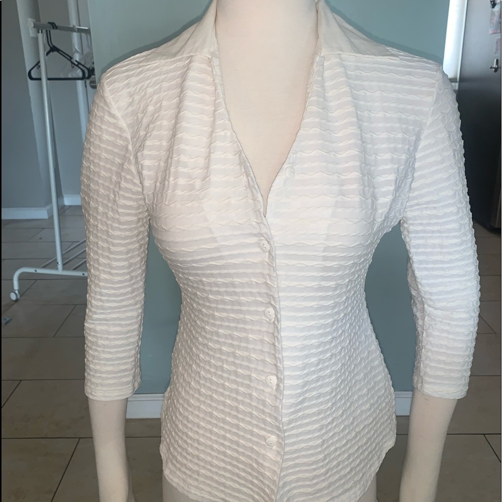 Whit Wavy Knit Semi-Sheer Button Up Blouse